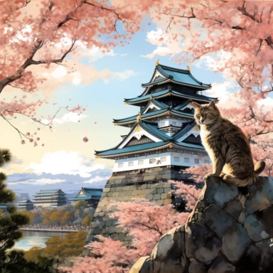 cherry blossoms laden on Osaka Castle Bottom, Siamese Cat wearing a Japanese kimono, sunset. Clipart Watercolor