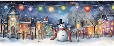 Watercolor drawing, christmas lights, large snowman, the city at night, the lights on, bright colors, ultradetailed hd, style by Lucy Fleming, watercolor, smooth gradients, black contour outline, ultra detailed, clipart elements, delicate pastel colors, solid white background, super clear, high quality