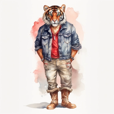 watercolour of A Tiger wearing Red and black flannel shirt, distressed denim shorts, denim jacket with patches and pins, red bandana, brown leather work boots, clipart, colourful, pastel, 4k, single sheet, realistic, medium shot