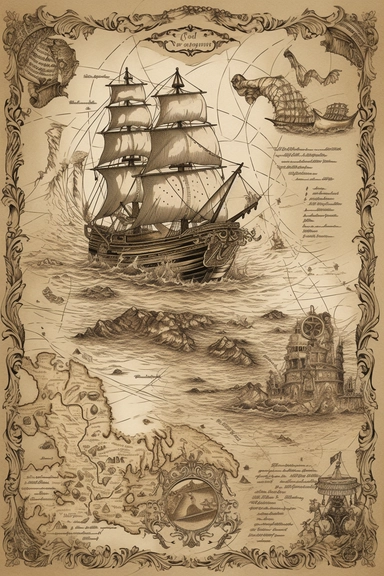 very detailed, high resolution image, hand drawn, dark ink, vintage, antique pirate treasure map, quest map. illustrations of clipper ship, compass, sea monster, and waves