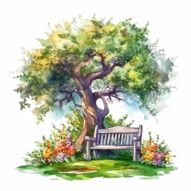 clipart, isolated on white background, Watercolor Spring ornated metale royal bench under the tree, flowers and grass and plants, ornated, vivid and vibrant and saturated colors