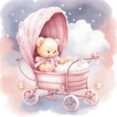 clipart, a whimsical illustration of a contented, loving and angelic baby teddy bear, wearing pajamas and pajamas hat, sleeping on a French style baby stroller, surrendered by pink fluffy clouds, Use a smooth and light watercolor technique to give the artwork a dreamy and ethereal quality