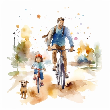 Father and child enjoying a bike ride or going for a walk in the neighborhood, water color style, clipart, white background