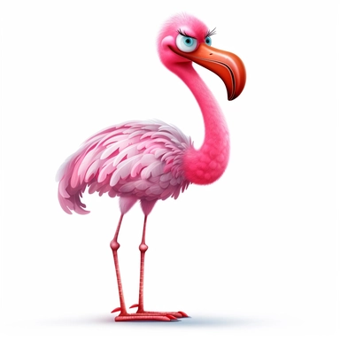 clipart of a crazy pink flamingo, there is a funny face on it, long skinny legs, cartoon, for kids, funny, pixar, 8k, white background, sharp focus, detailed,