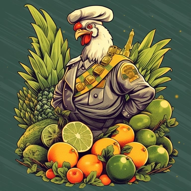 a graphic novel character hispanic rooster in a military uniform with a string of green chilis around his neck standing on a pile of lemons. limes, and oranges clipart style