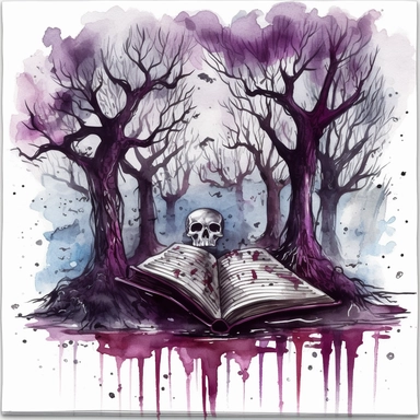 very detailed, hyper realistic, fantasy book watercolor clipart, single open book, dark purple dominant, scary dark forest and dead trees coming out of the book, mysterious theme, white background