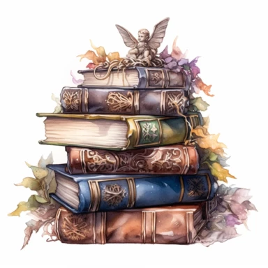 Solid white background, Detailed watercolor/alcohol ink image of a stack of 4 dark earthtone pasel colored gothic spell books with a cute glowing tiny forest fairy sitting on top clipart. The books are realistically detailed, gilded bindings, carved thick leather cover,
