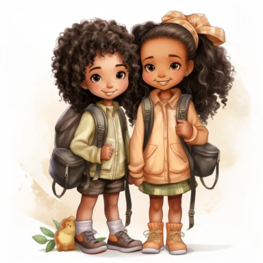 Cute Beautiful little African American girlschools , best friend , with backpack and book, full body, Cartoon, watercolor hand drawn, Sublimation Clipart,illustration style, high solution, png transparent background, white background for removing background - - no text shadow font watermark