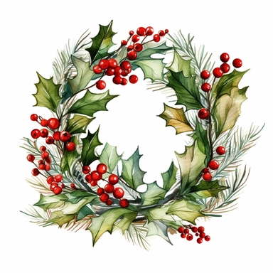 Christmas wreath Holly twine and berries watercolour clean lines white background high resolution Clipart