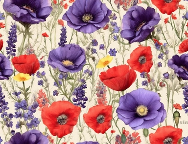 Vintage seamless pattern of vibrant red poppies as the focal point, surrounded by delicate white daisies, yellow yarrow, purple larkspur, and sprigs of lavender flower mix pencil sketch, ephemera paper design with ornate illustrations, vintage, distressed textures, muted colors, craft paper texture, handwriting lines in background, pen and ink on paper with watercolor washes Watercolor, vector, white background, rice paper texture, clipart, Seamless patterns, repeating patterns design, flat illu