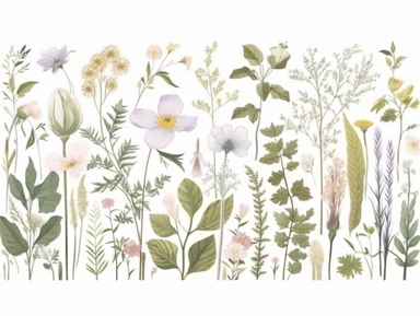 Clip art set.Woodland Fantasy: Wood Anemones, Trilliums, and Jack-in-the-Pulpits. Soft, Gentle, color pallete. perfect for adding a whimsical and romantic touch to invitations, stationery, and more, vector, contour, white background, clipart set, spaced out