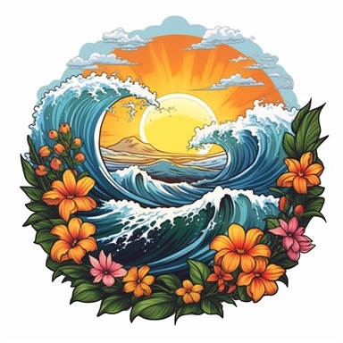 a sticker, artwork of t shirt graphic, random image, beautiful flowers, sunrise mountains and clouds , big sea waves, water splashes, white background, colorful fantasy flower sorround, highly detailed clean, vector image, photorealistic masterpiece, professional photography, realistic, flat white background, isometric, vibrant vector, clipart, illustration, realism, 4k, , cinematic, front view, white background