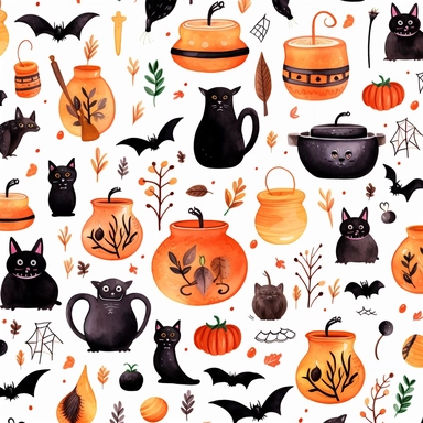 A pattern of halloween clipart on a white background, spooky, bats, cauldron, broom, black cat, pumpkin