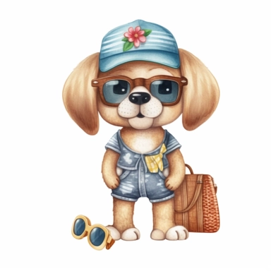 Summer cute cartoon dog dressed for summer, clipart, watercolor illustration for kid, white background