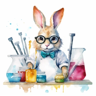 a delightful watercolor clipart image with a white background, featuring an enthusiastic rabbit scientist wearing a lab coat and glasses, conducting experiments with colorful test tubes.