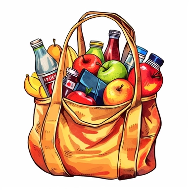 watercolor groceries shopper bag vector, in the style of #vfxfriday, igbo (ibo) art, colorful animations, captivating, childs drawing, light brown and brown, elaborate fruit arrangements Clipart desert cartoon t-shirt graphic, vector, contour, isolated on a white background