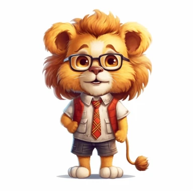 cute Lion character wearing school clothes and school element with happy face,front facing on isolated background,with happy face and expression,Animal Sublimation Clipart,no splash watercolor,white background, ultra detailed clipart, cut out image, colorful watercolor realistic, cartoon style, ultra HD, sharp and clean art