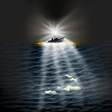 stormy, light from a flashlight from a boat at a distance, at sea, clipart