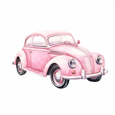 barbies old school car ,pink, watercolor clipart, bright colors, isolated white background, 8k
