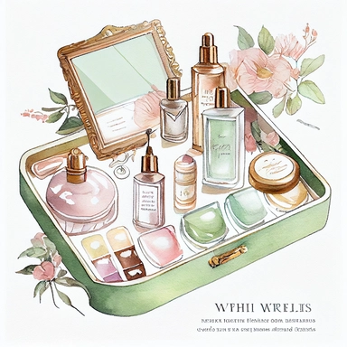 watercolor, hyper realistic, white background, white margins, 16k, ultra detailed clipart, cut out image, hand-drawn An antique-inspired vanity tray with vintage perfume bottles arranged on it, accompanied by a mirror, a brush, and other beauty accessories. Use soft and muted colors such as dusty rose, antique gold, lavender, and sage green for a vintage-inspired palette
