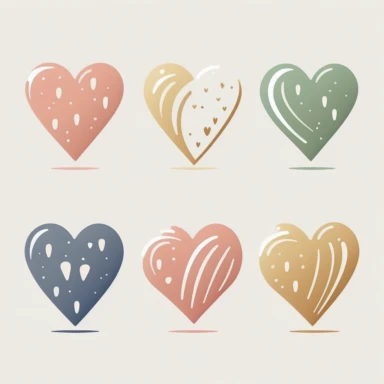 Six cute heart-shaped icons vector clipart in the style of lively brushstrokes, star art group (Xing Xing), label and marker style, minimalism, muted colors, white bakcground