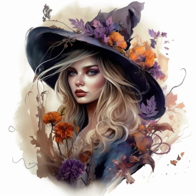 watercolor mixed media masterpiece portret of a beautiful witch in whitе royal knowing hat tailed with ribbons, richly decorated with dark violet flowers and mushrooms and pumpkin and Jewelry, golden accents, shabby shic style, by Rodney Matthews style and by Vladimir Kush style and by Ryohei Hase style and Hans Zatzka style, Baroque style, PNG clipart, isolated on white, extreme photorealistic details, 32k HD resolution, realistic high detailization high resolution