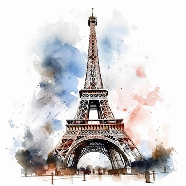 Eiffel Tower - Paris, France, clip art, aquarelle, white background, clean, neat