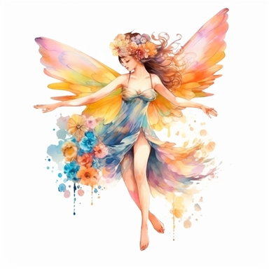 Clipart fairy girl with beautiful flowers, transparent wings, flying sideways, fantasy, watercolor paints, isolated objects on white background, beautiful delicate pink and blue fancy colors, sunny yellow, orange, honey, k8