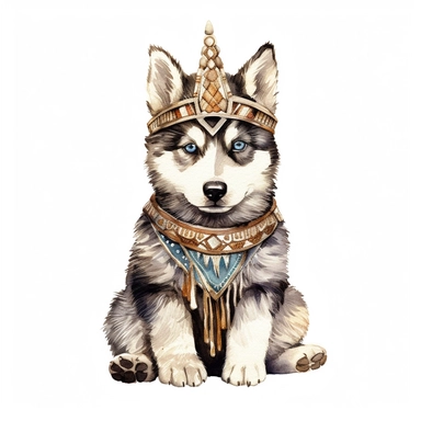 dark hair Siberian Husky Puppy wearing a bohemian patterned armor, seated, looking to the left, in white background, Watercolor Clipart, NO dripping