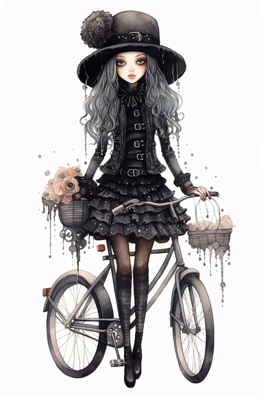 watercolor mixed media goth steampunk girl entire body illustration in front of a gothic steampunk bicycle clipart by holly hobbie
