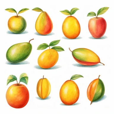 Draw a set of playful and colorful, watercolor style illustrations of mangos, evenly space elements for clipart, white background