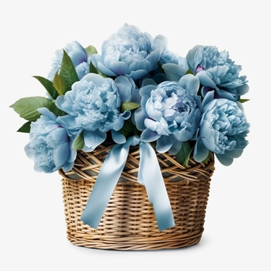 Watercolour realistic pastel blue peonies in wooden wicker basket with delicate ribbon bow wrapped around it intricately realistically detailed pastel blue peonies, PNG image,transparent background ,ultra highly detailed, 18k, sharp focus, bright photo with vibrant colours, digitally enhanced,photographic, enhanced graphics, png format, straight, sharp focus, bright lighting, intricate detailed png image ,high definition,300dpi,graphic clipart,computer graphics