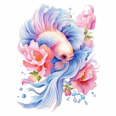 Pastel Cute Beautiful Fairy Fish Flower Watercolor Clipart,Cartoon, hyper realistic, intricate detail, illustration style,high solution,on the white background