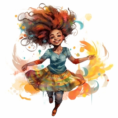 A joyful clipart portraying an African American girl with a charmingly textured hairstyle, adorned in fashionable and whimsical garments, set against a high-resolution and grey background, brought to life with the vibrant colors and free-flowing brushstrokes of a watercolor art style,