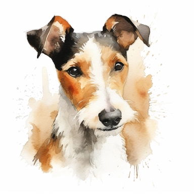 An illustrated portrait of a Fox Terrier, showcasing its alert expression and sleek coat, with a white background and watercolor clipart.