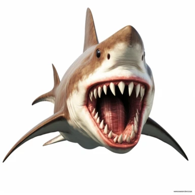 Clipart of a great white shark in front view with a fearsome open mouth without water in front of white background