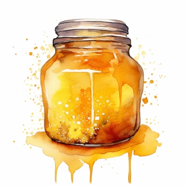 one jar of honey Watercolor clipart on a white background, in the style of texture-rich compositions, pictorial fabrics, bordalo ii, mandy disher, white background, anna dittmann, multi-panel compositions , no watermark, text, words, paintbrush, typography, the images do not stick together