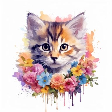 Beautiful colorful full kitten on flowers, summer vibes, hand drawing digital art, clean design, sublimation, colorful, watercolor style, white background, 4K, extremely detailed, clipart