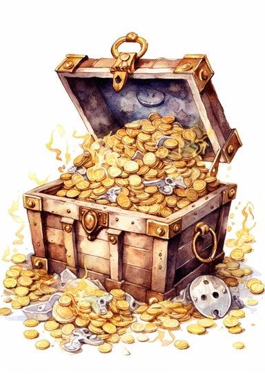 cute watercolor underwater pirate treasure chest full of gold clipart, full body, hd, on white background, spaced out