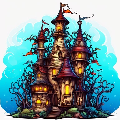 Create One clipart inspired by Sorcerer's Tower: Develop clipart showcasing a majestic sorcerer's tower or castle from a fantasy book. Include intricate architectural details, turrets, and magical elements like glowing windows, swirling mists, or flying broomsticks to evoke a sense of enchantment. in 4K. so it can be used in fantasy books. in cozzy watercolor style