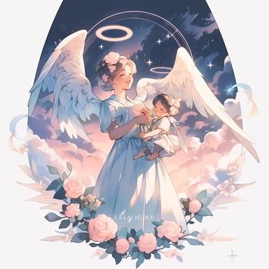 detailed illustration of mother angel holding baby, smile, flower splash, vintage design, realistic pastel colors, vector art, cute, fantasy art, love, detailed watercolor effect, digital paint, soft light, panoramic view, isometric style, vintage aesthetic, character focus, 4K resolution, no background, realistic rendering, use using Cinema 4D, isolated white background, logo style, clipart