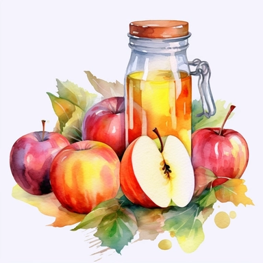 An apple juice bottle or glass with sliced apple and leaves, Watercolor, pastels, clipart, beautiful, colourfull, png transparent white background, high resolution, no caption q4 s2