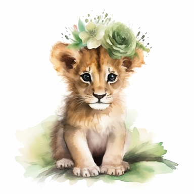 Young,lion cub , Watercolor Clipart Cute with Tutu, green