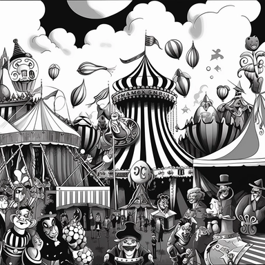 cartoon carnival, clip art, black and white, cartoon style, thick lines, no shading--ar 9:11