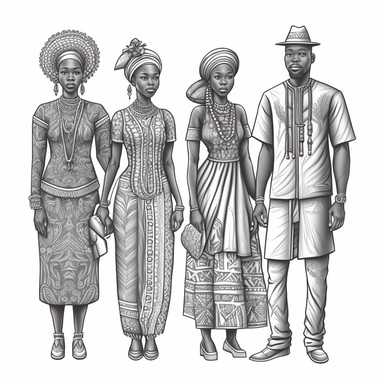 four nigerian villager african male and female village couples standing tall and dignified, coloring page for adults, no color, crisp lines, coloring pages for adults, think lines, clipart, vector, full body, no shading, full body, realistic, 8k, detailed