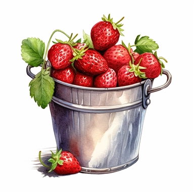 watercolor art of strawberries being washed in bucket, in the style of realistic and hyper-detailed renderings, sketchfab, ahmed morsi, realistic watercolor paintings, use of common materials, handcrafted designs, with white background clipart