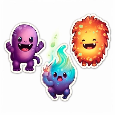 3 stickers with white background and border, emoji clipart as cute monsters, high res, iridescent, some bioluminescent, sfumato technique