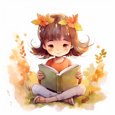cute little girl reading a book, folk art, watercolor, clipart elements, kawaii, fall and autumn time, white background
