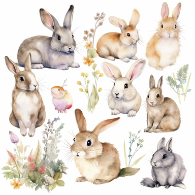 photo realistic, cute spring bunnies, watercolor, little animals and floral clipart, rabbit, country, forest, on a solid white background