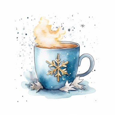 watercolor clipart of a cute charming cup of tea, sparkles, winter wonderland vibes, isolated on white background